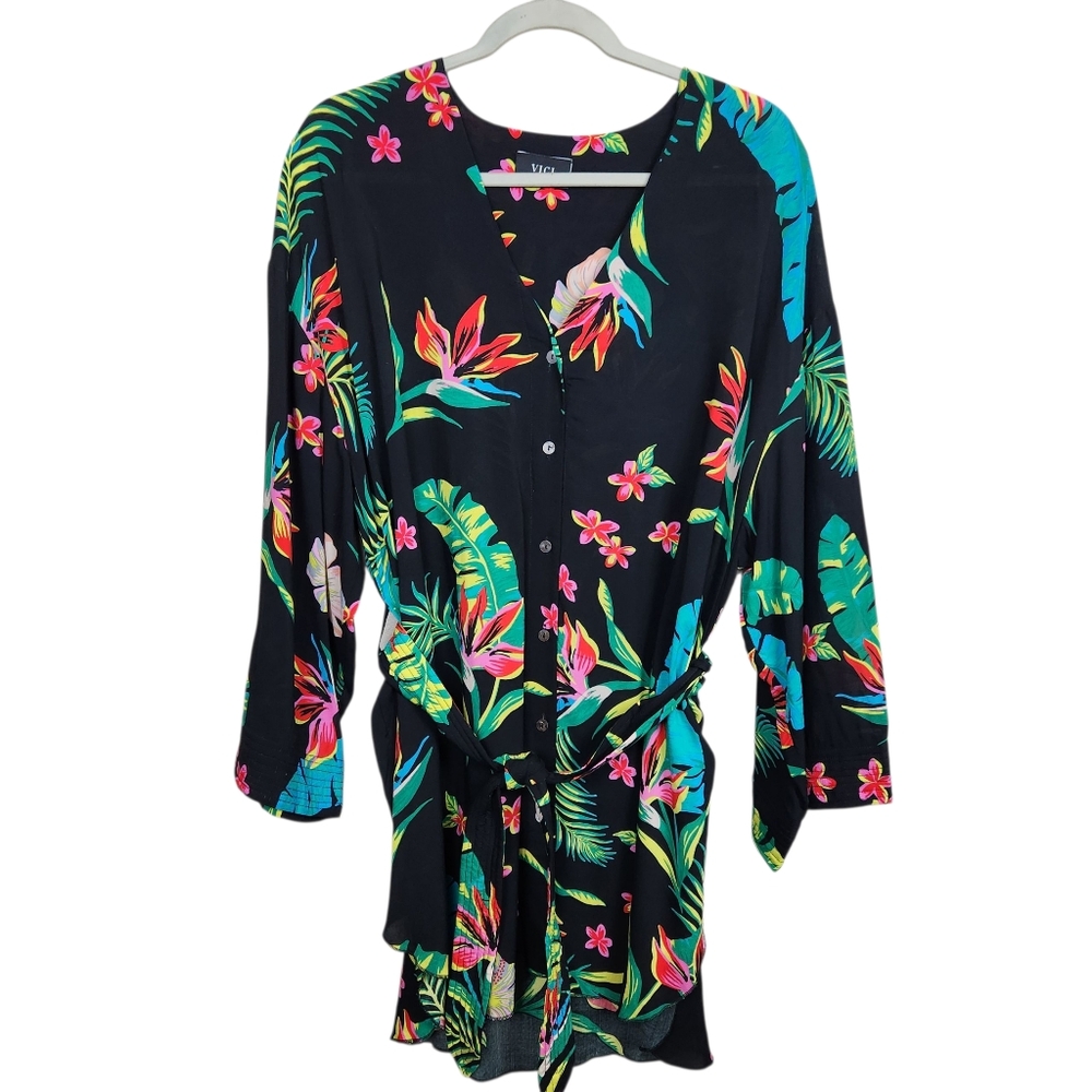 Vici Black Hawaiian Floral Button Up Belted Swimsuit Cover Up Womens Size Small